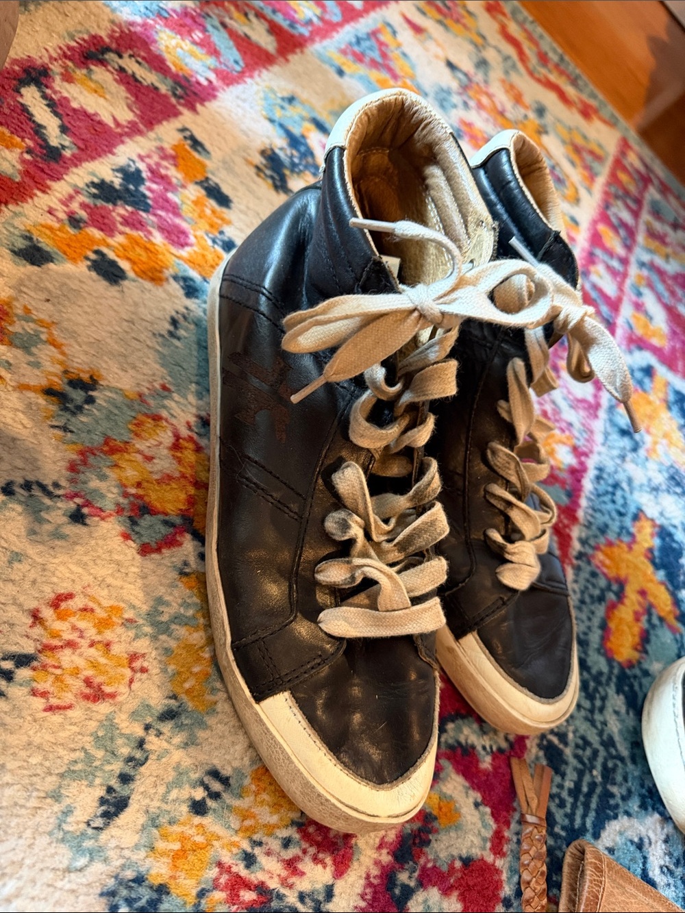 Frye Black Leather High-Top Sneakers with Cream Accents